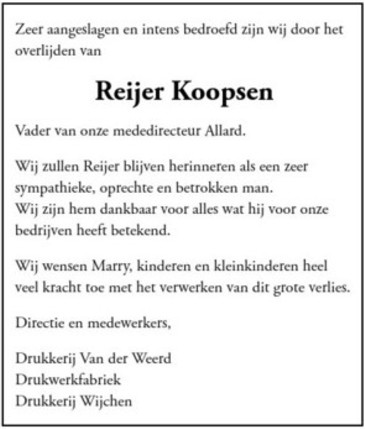 Advertentie in het dagblad "Trouw" van 19 november 2010 bij het overlijden van Reijer.